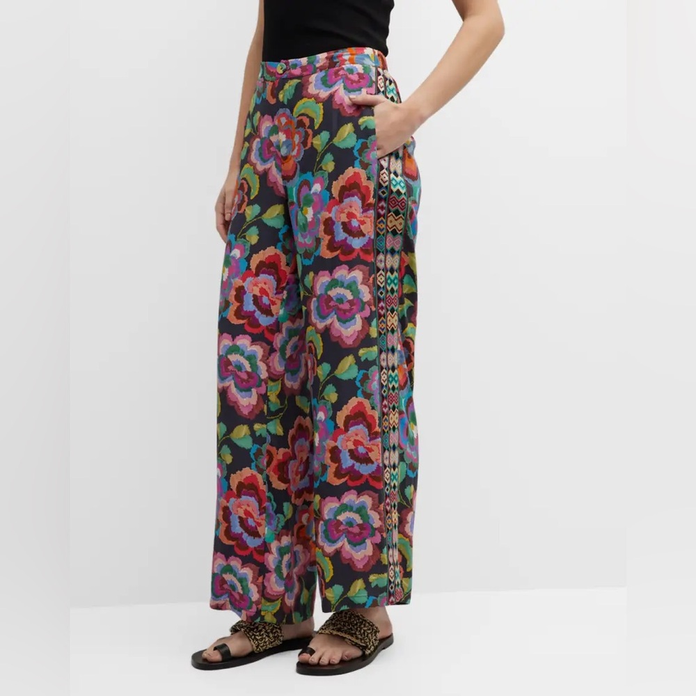 Johnny Was Calanthe Effortless Silk Pants Multi Color Embroidered Sides Size L